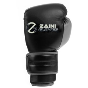 Black boxing training gloves featuring the Zaini Gloves logo.