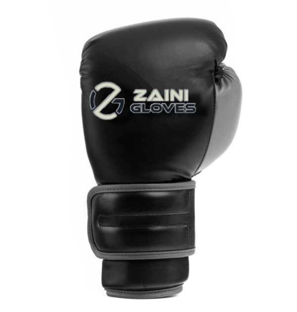 Black boxing training gloves featuring the Zaini Gloves logo.